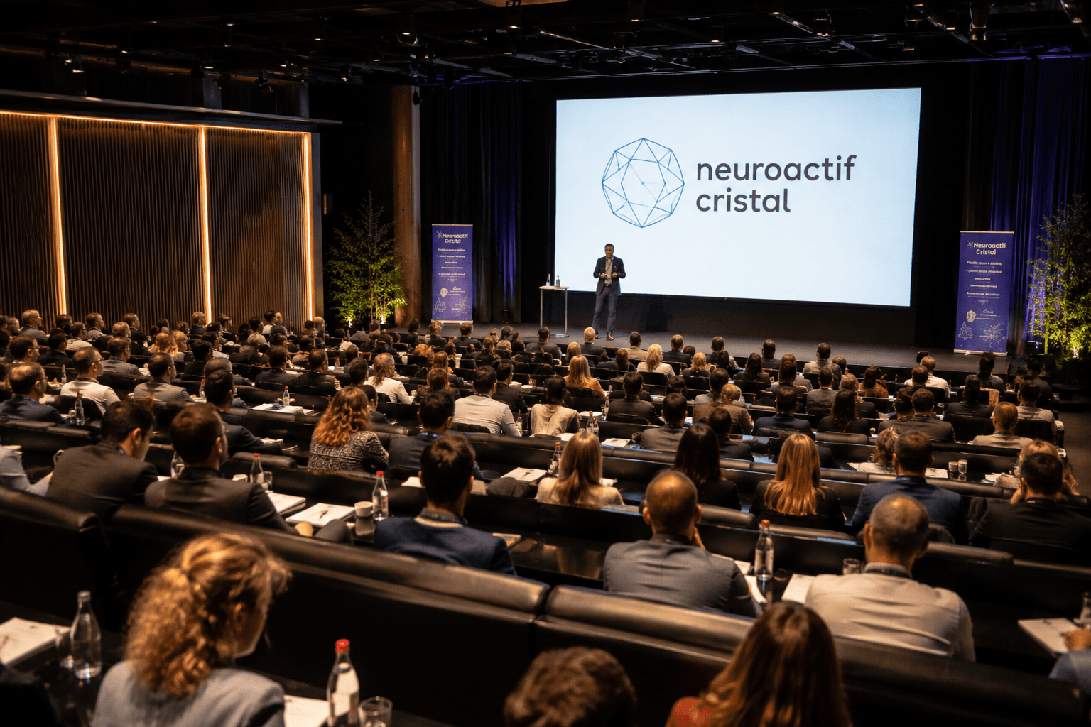 Auditorium d'un séminaire Neuroactif® Cristal — emblème cristallin projeté en scène